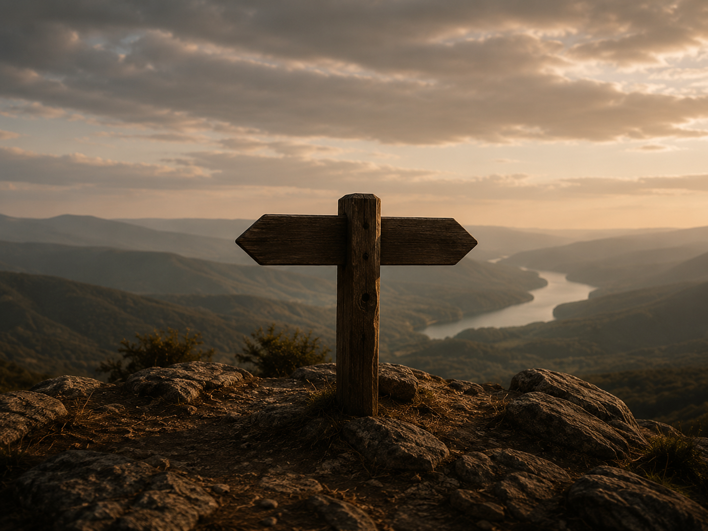 A wooden signpost with two arrows on a hilltop overlooking a valley with a river, surrounded by mountains, during sunset.