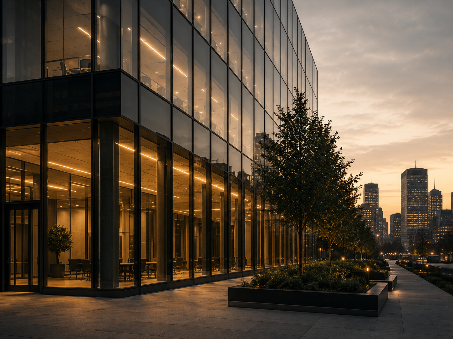Modern glass building illuminated from within at sunset, with trees and a city skyline in the background.