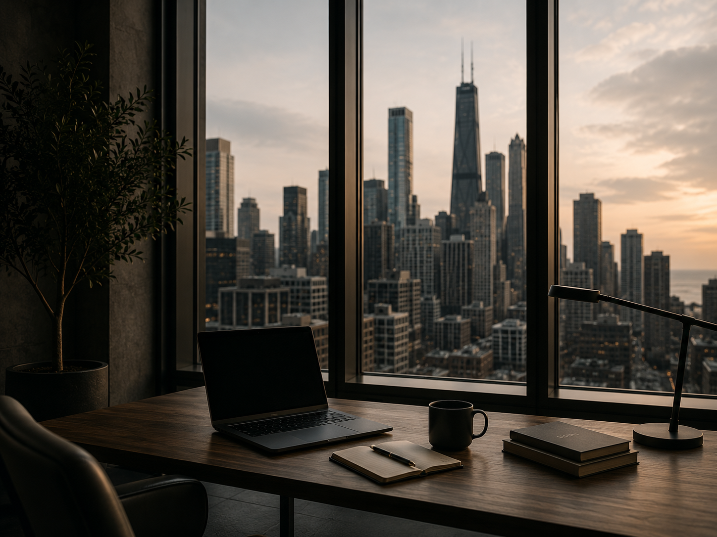 An office desk with a laptop, coffee mug, notebook, and books, positioned in front of large windows with a city skyline view during sunset.