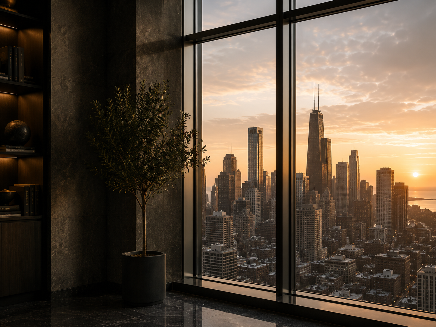 Interior of a modern high-rise apartment with a large window showing a city skyline at sunset, a potted tree to the left, and a dark marble wall with built-in shelves.