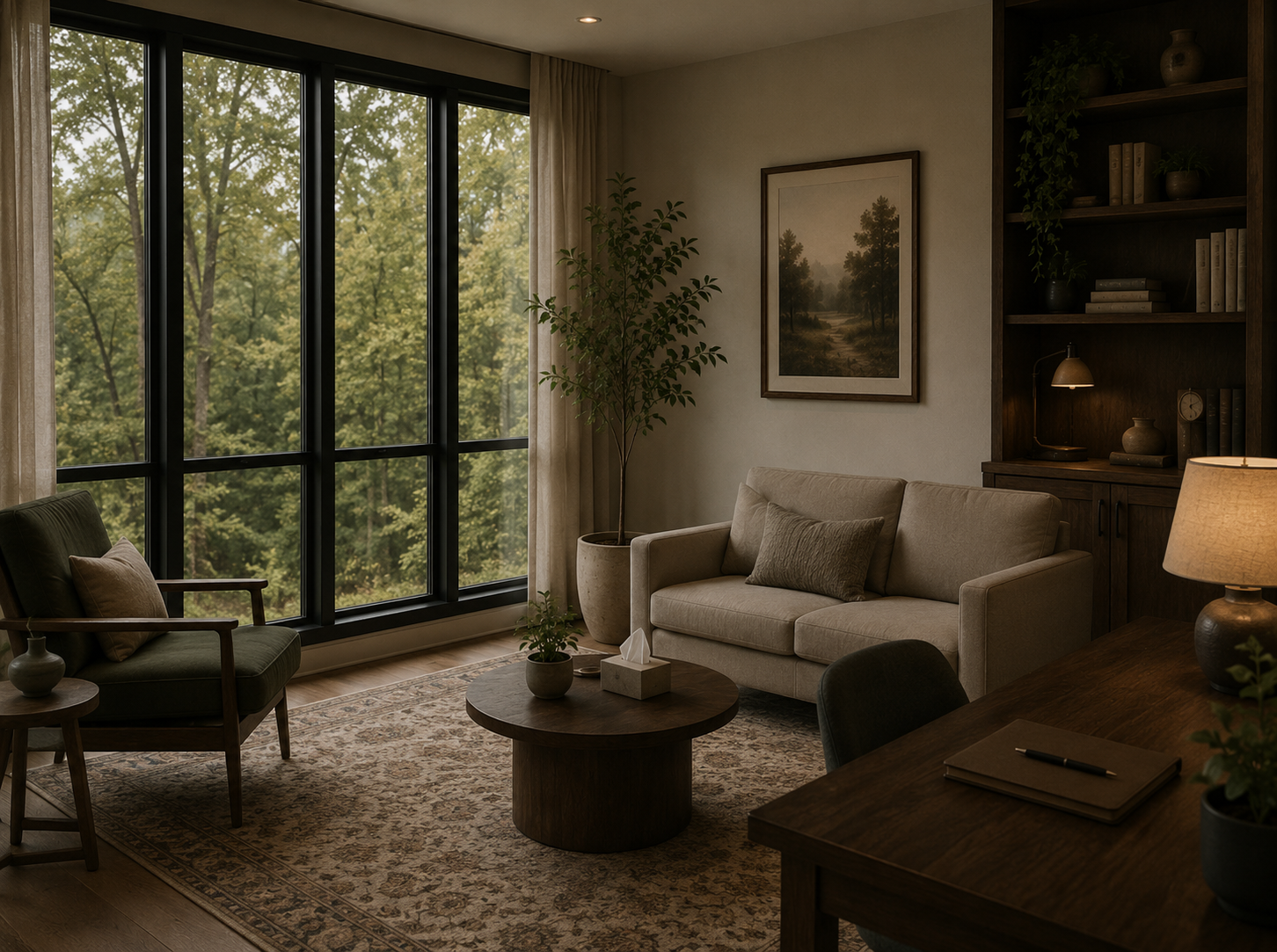 Living room with large windows showing green trees outside, beige sofa, green armchair, wooden coffee table with plants, and a built-in wooden bookshelf with decorative items and books. There's a framed landscape painting on the wall and a table lamp providing warm lighting.