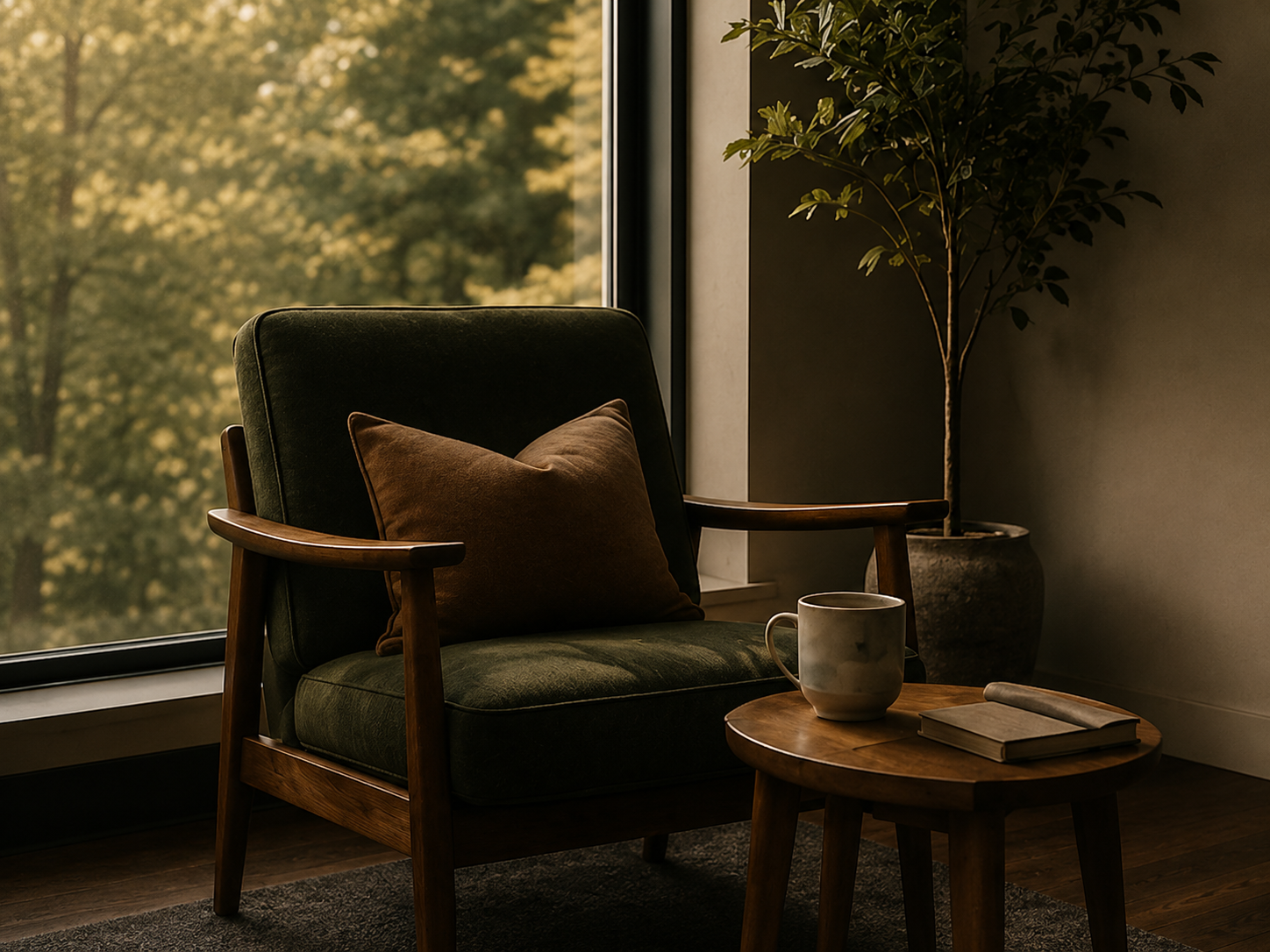 Cozy reading nook with a dark green armchair, brown cushion, wooden side table with a ceramic mug and a closed book, large window with trees outside, indoor potted plant, warm ambient lighting.