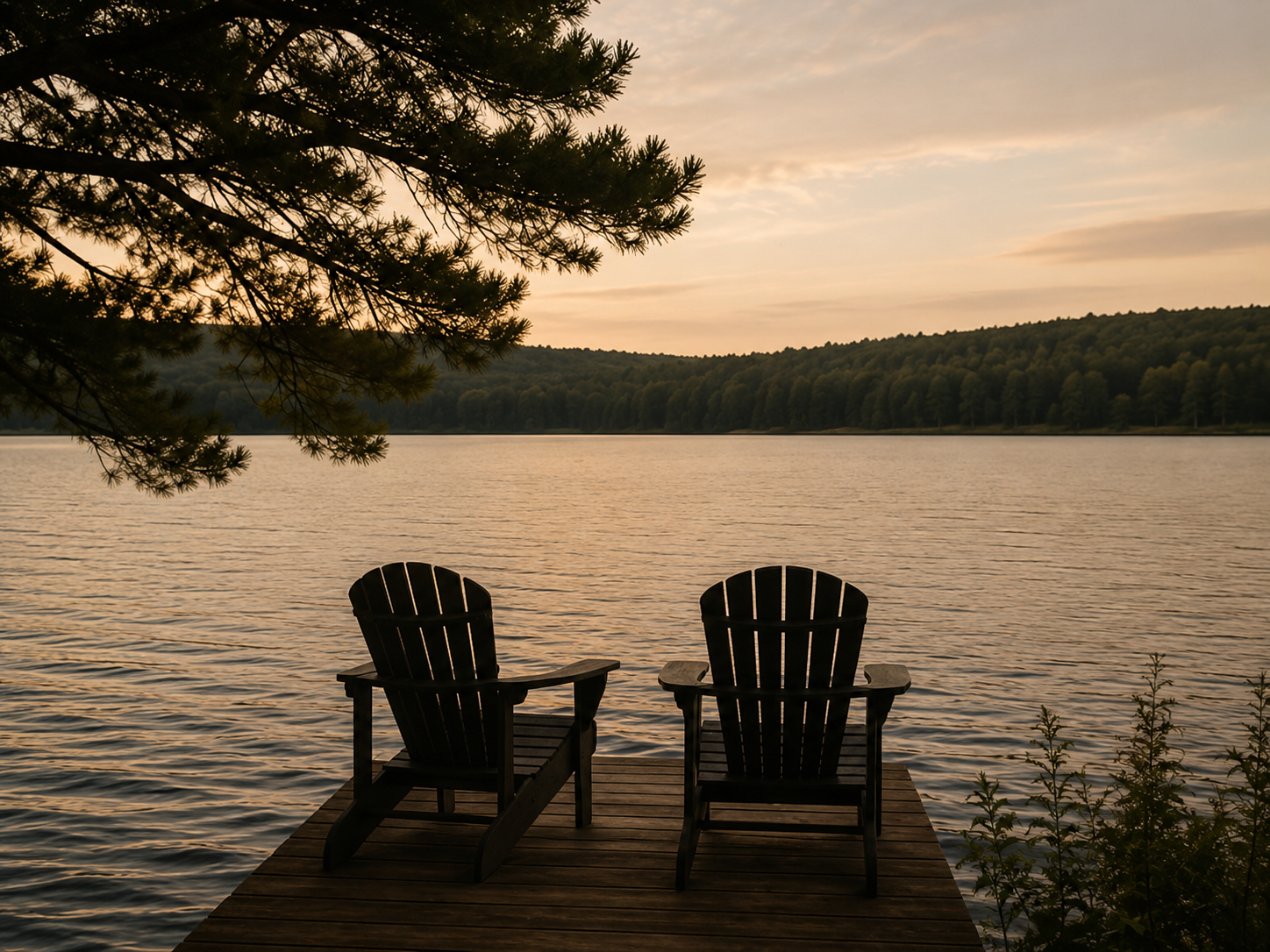 Two Adirondack chairs on a wooden dock overlooking a calm lake at sunset, with tree branches overhead and a forested shoreline in the distance.