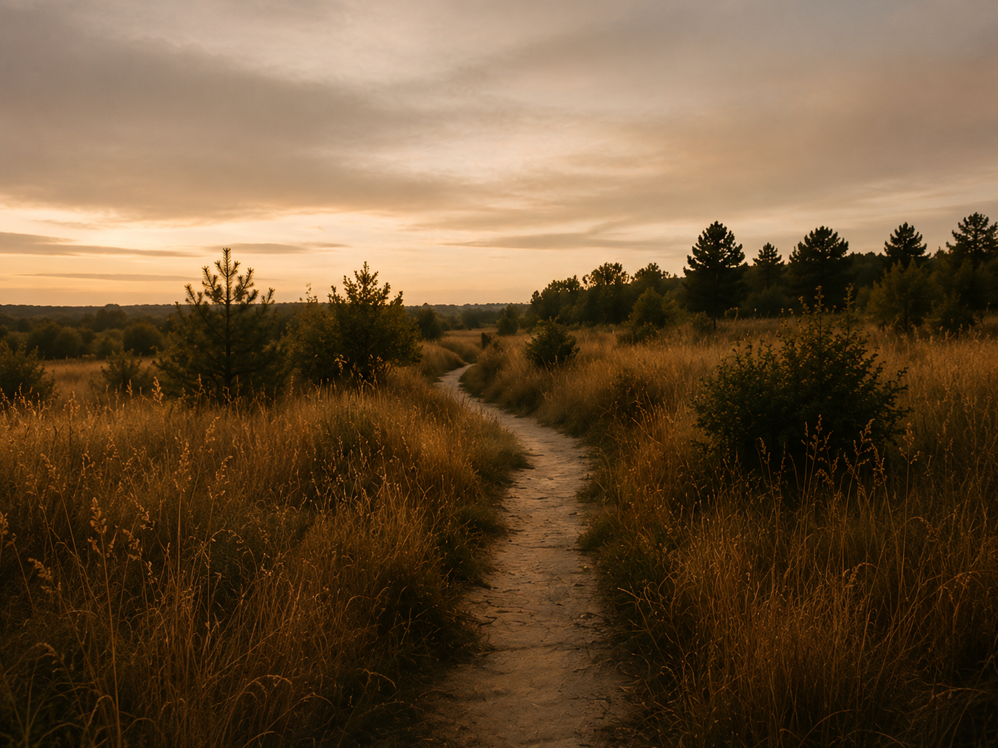 A narrow dirt path winds through tall grass in a field with scattered trees under a cloudy sky at sunset.