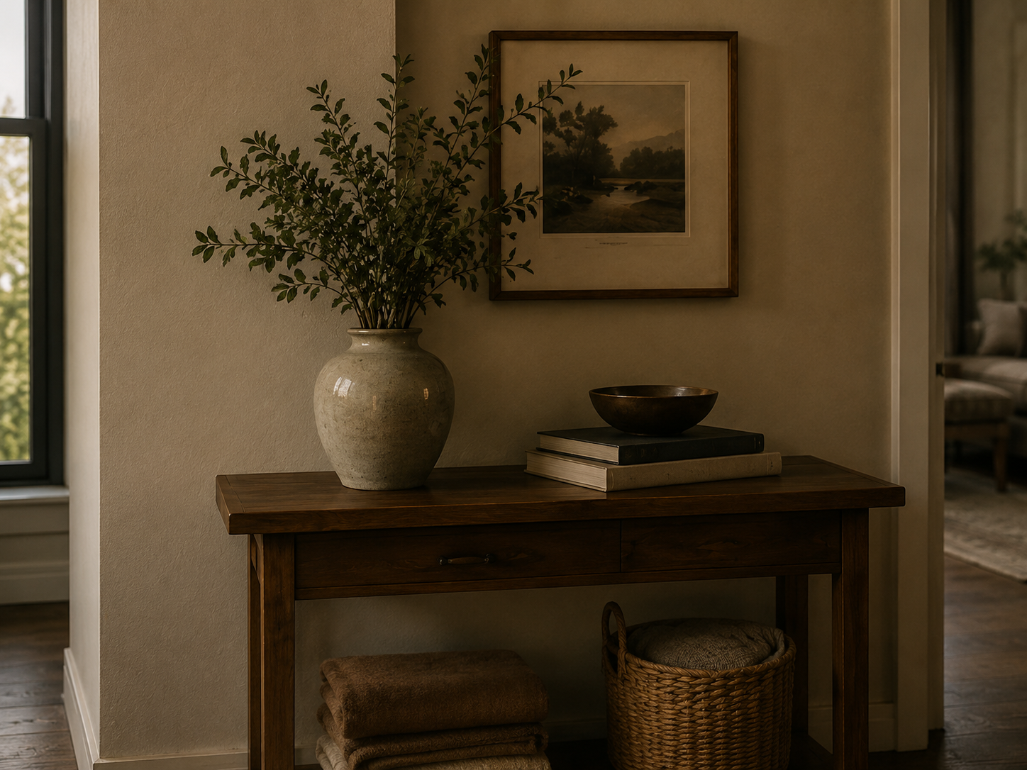 A wooden console table with a large ceramic vase holding greenery and a stack of books with a decorative bowl on top, positioned against a wall with framed art, in a cozy interior.