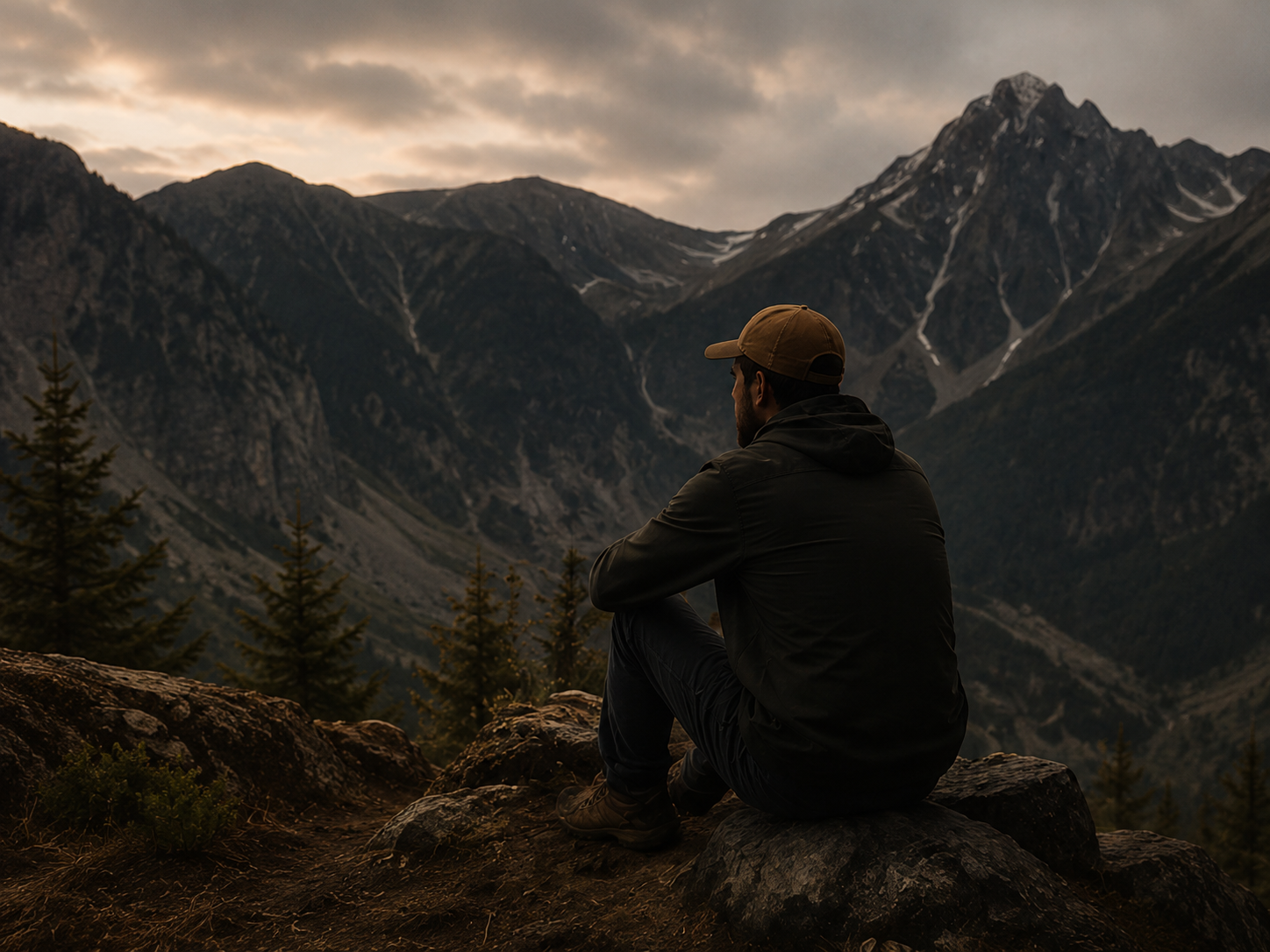Man sitting on rocks, looking at mountain range with snow patches, trees, and cloudy sky during sunset.
