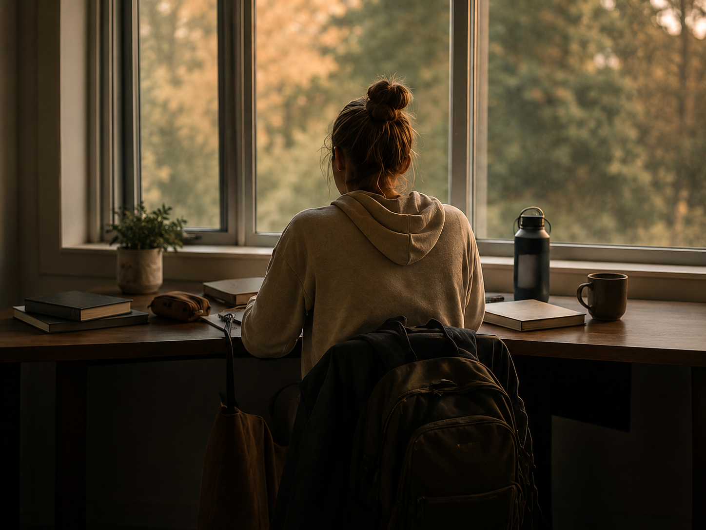 A woman sitting at a desk by a large window, looking outside at trees with autumn leaves, with books, a water bottle, a mug, and a potted plant on the desk.