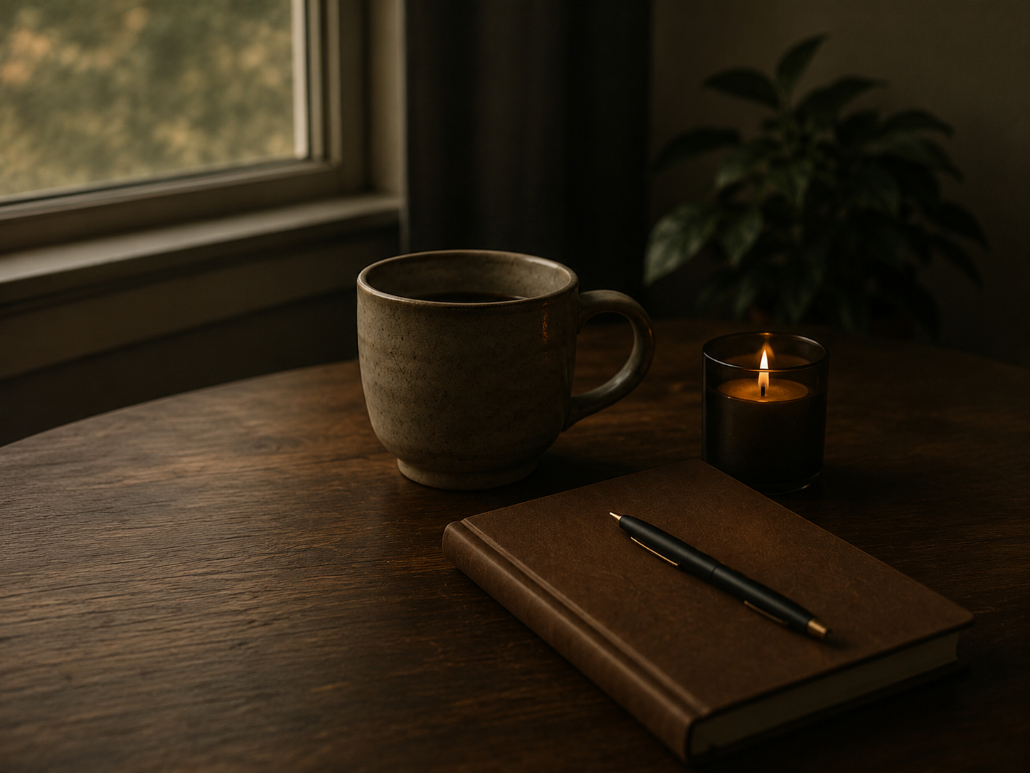 A cozy wooden table with a ceramic mug filled with coffee, a lit candle in a black holder, a closed brown leather notebook, and a black pen, set near a window with natural light and a green plant in the background.