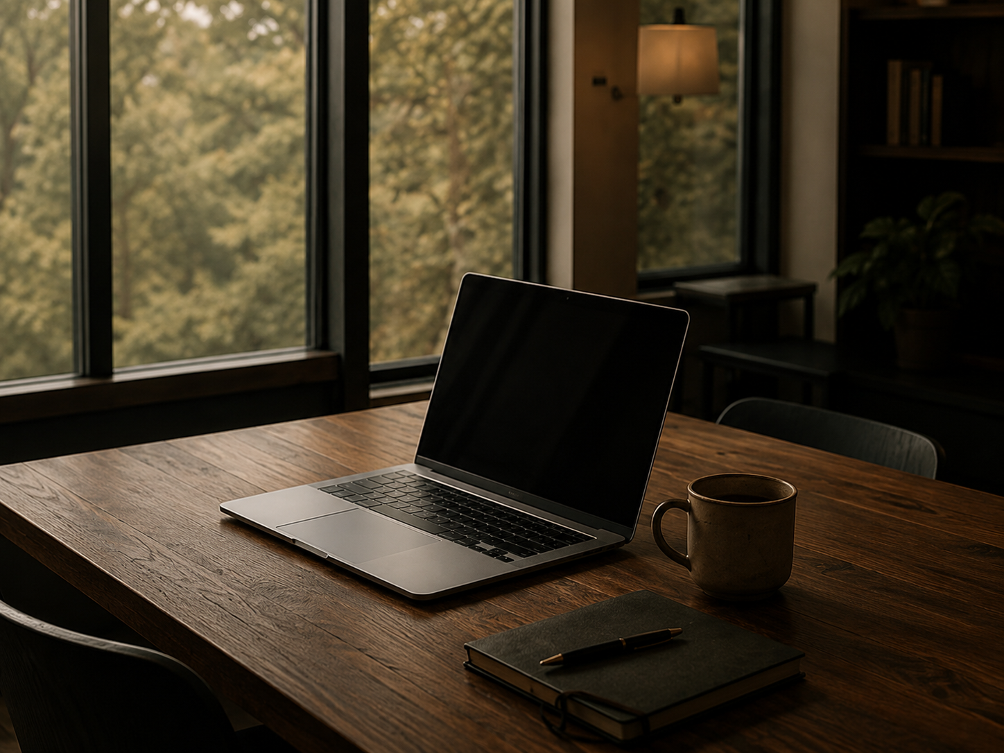 A laptop, a coffee mug, a closed notebook with a pen, and a window with a view of trees on a wooden table in a cozy, dimly lit room.