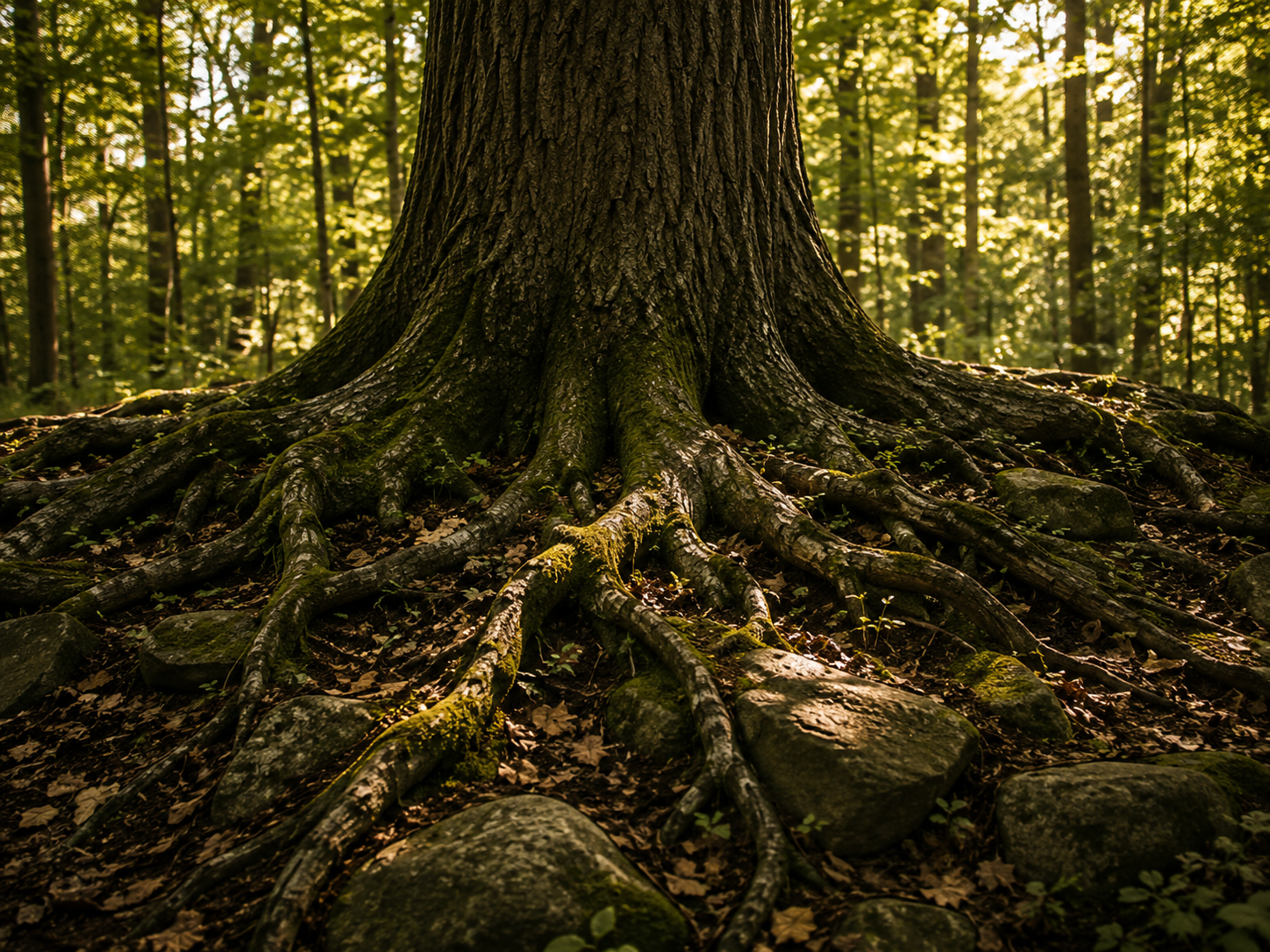 Close-up of a large tree trunk and its sprawling roots in a forest, with sunlight filtering through the leaves.