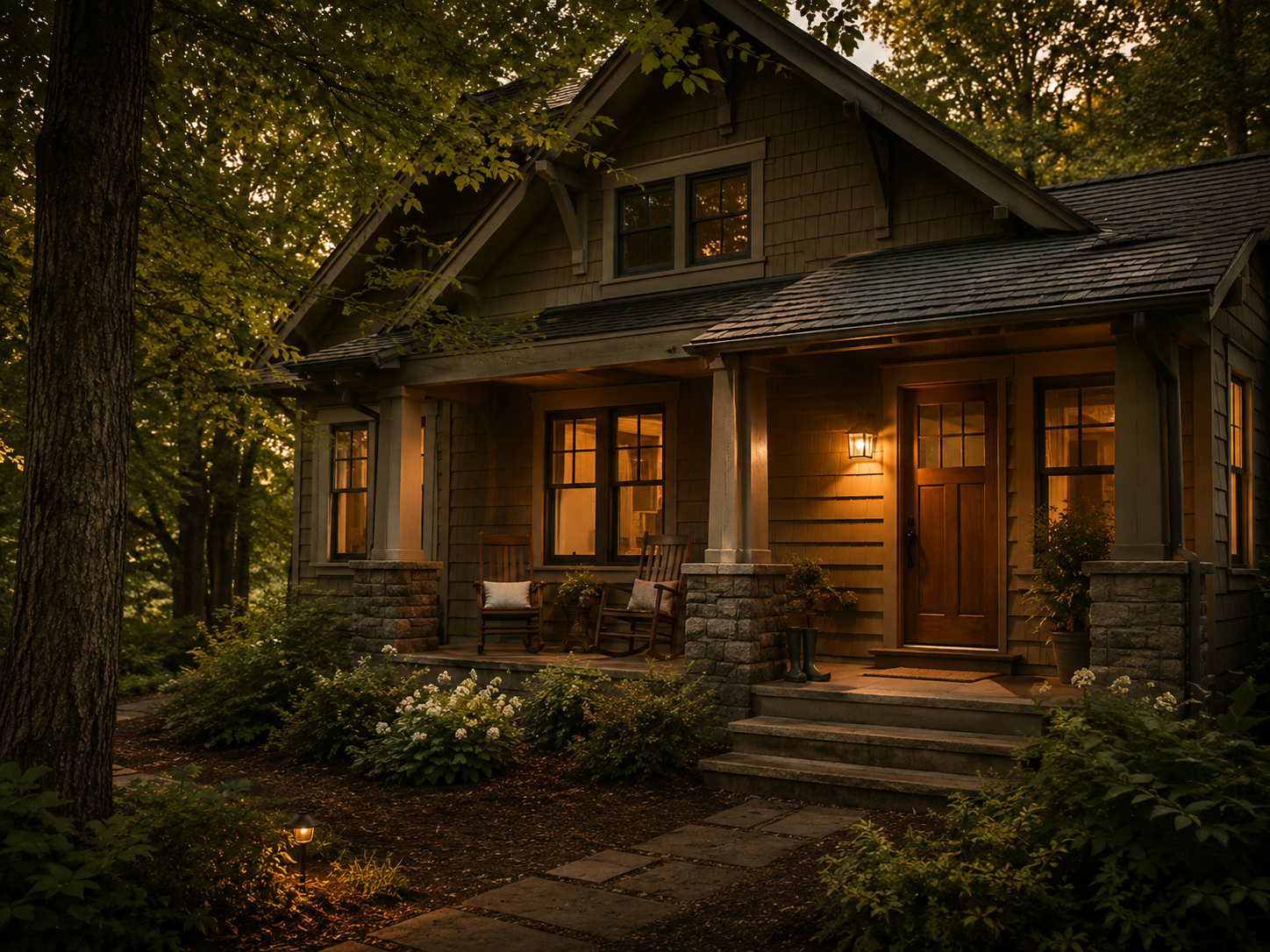 A cozy home porch with warm lighting, surrounded by lush greenery and flowers, evening setting.