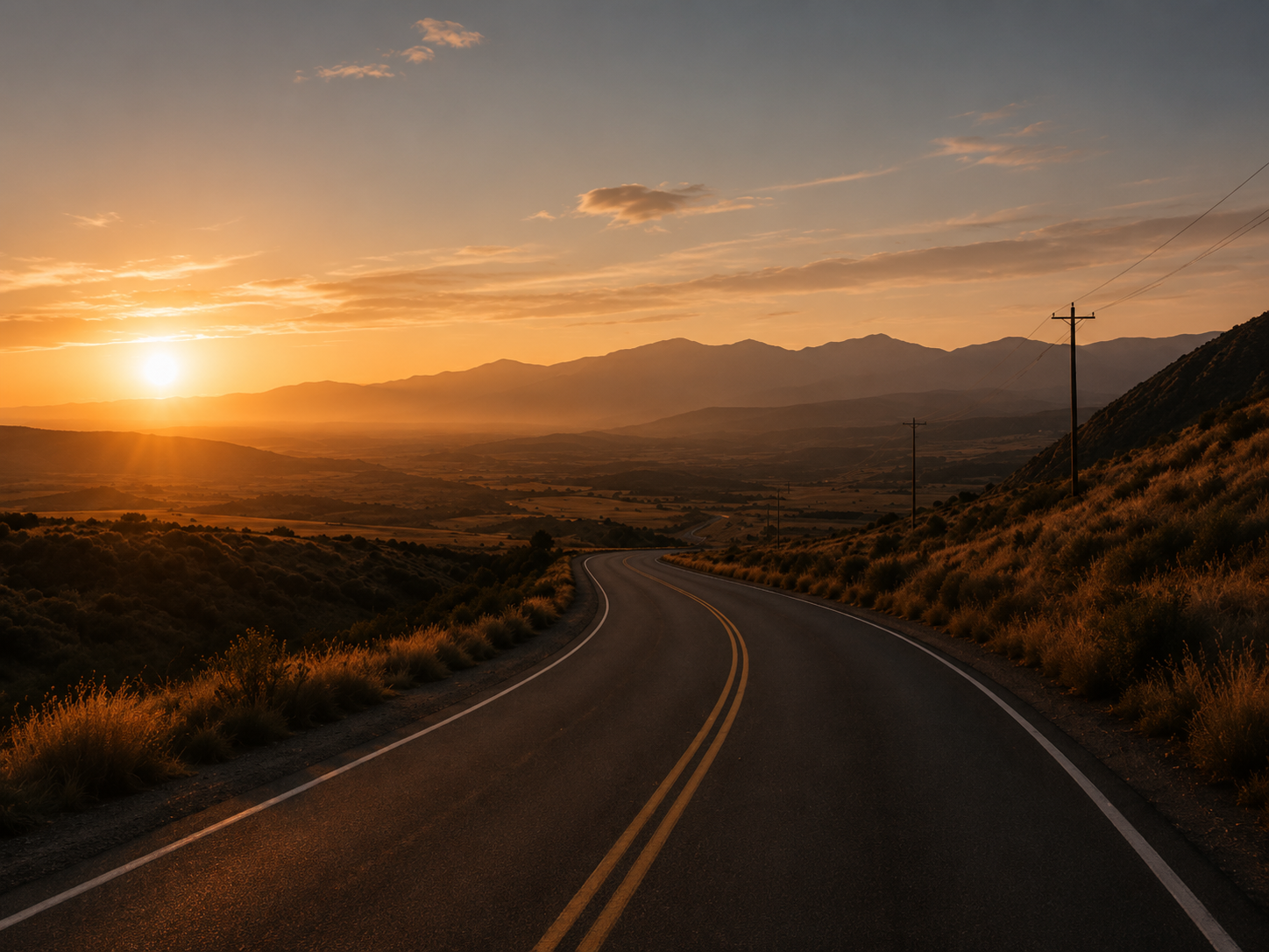A winding road in a valley during sunset with mountains in the background and power lines on the right side.