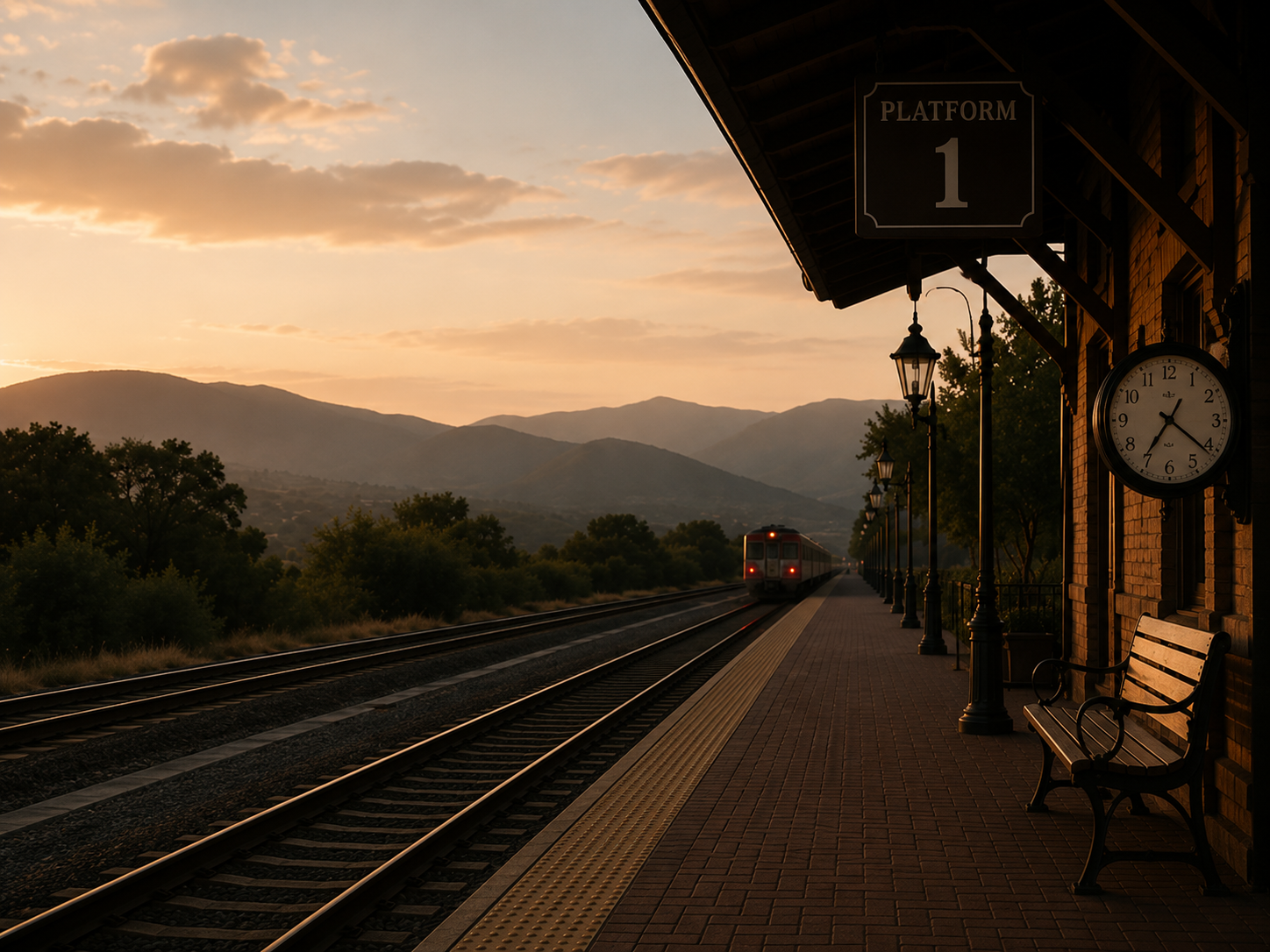 A train station platform with a train approaching at sunset, mountains in the background, a clock showing approximately 6:23, and a sign indicating Platform 1.
