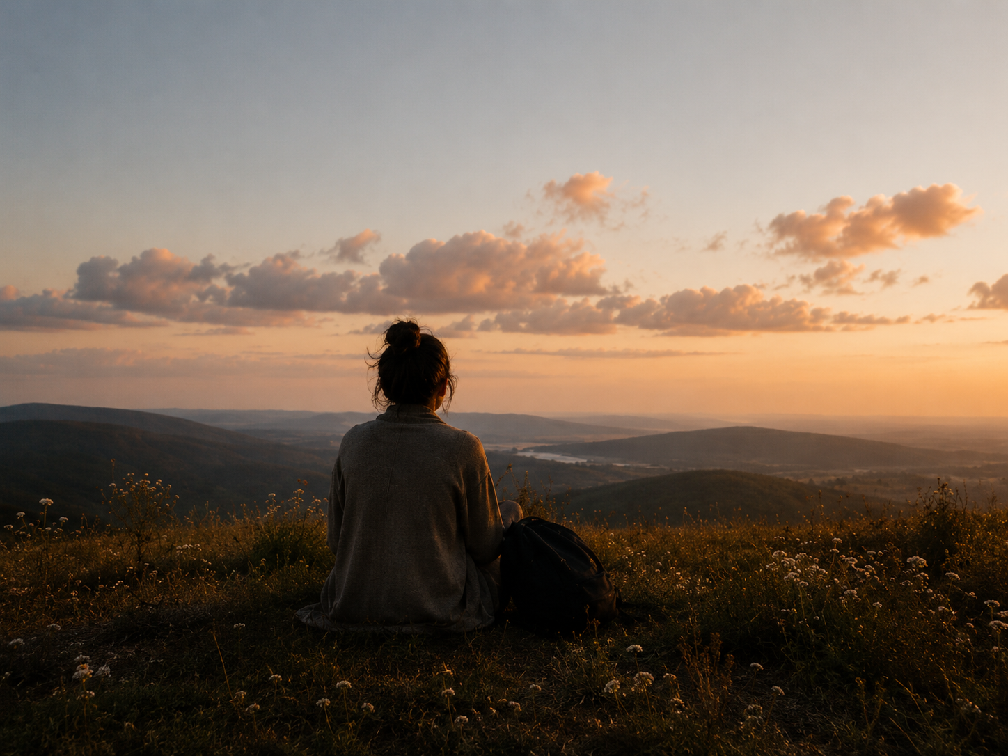 A person sitting on a hillside at sunset, looking out over rolling hills and a distant lake, with a backpack beside them.