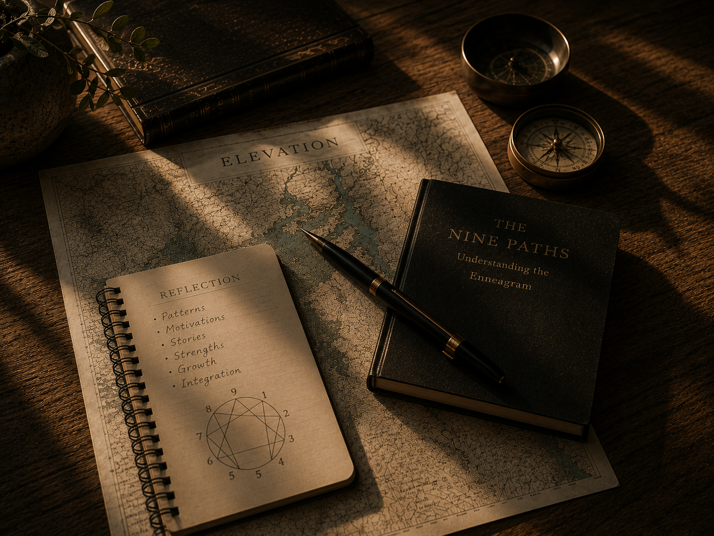 A collection of books, notebooks, a pen, a map, and compasses on a wooden surface illuminated by warm light. The notebooks are titled "REFLECTION" and "THE NINE PATHS." The map has the word "ELEVATION."