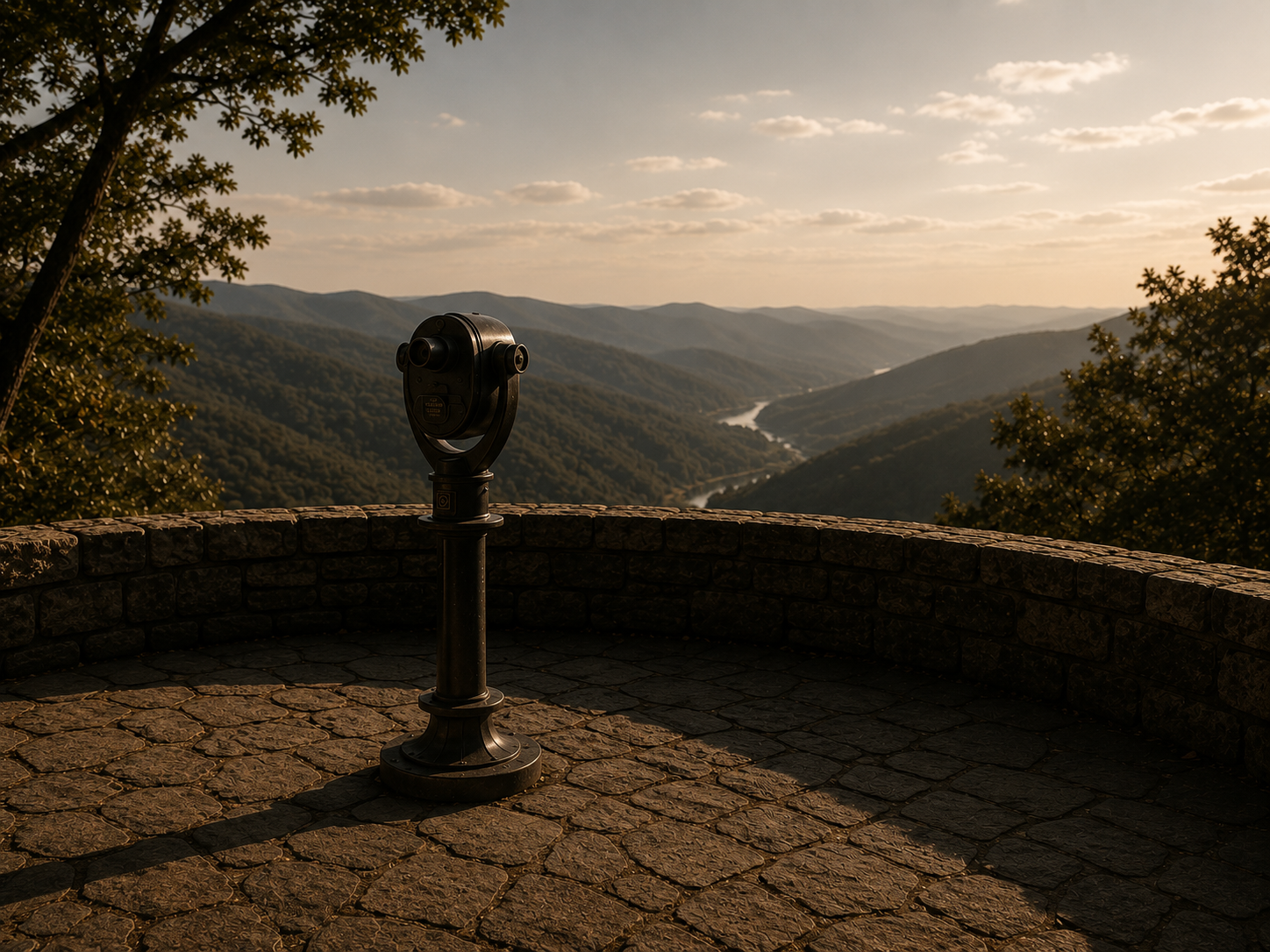 View of a landscape with rolling hills and a river, taken from a stone observation point, with a coin-operated binocular viewer in the foreground, during sunset.