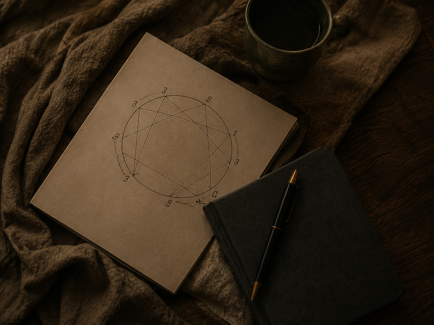 A notebook with a pen, a black cup, a diagram of geometric shapes on paper, and a dark cloth on a wooden surface.