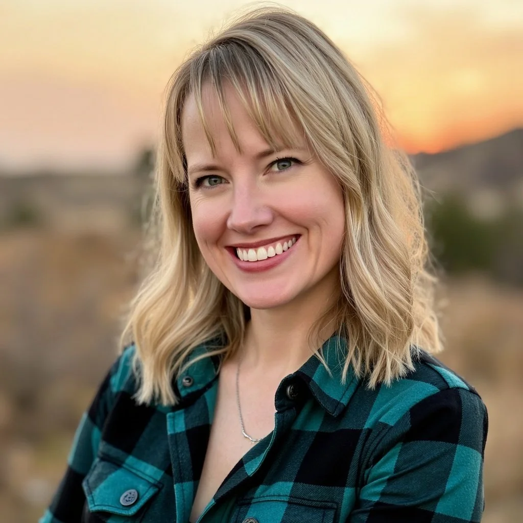 A woman with blonde hair and blue eyes smiling outdoors during sunset, wearing a green and black plaid shirt.