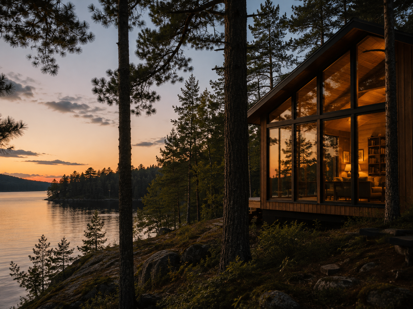 A modern cabin with large glass windows overlooking a lake at sunset, surrounded by pine trees.