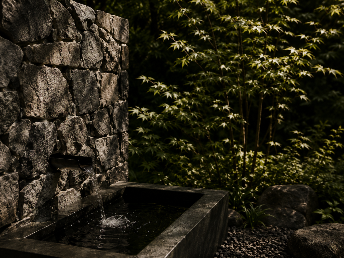 A stone water fountain with water flowing into a rectangular basin, surrounded by green foliage and rocks.