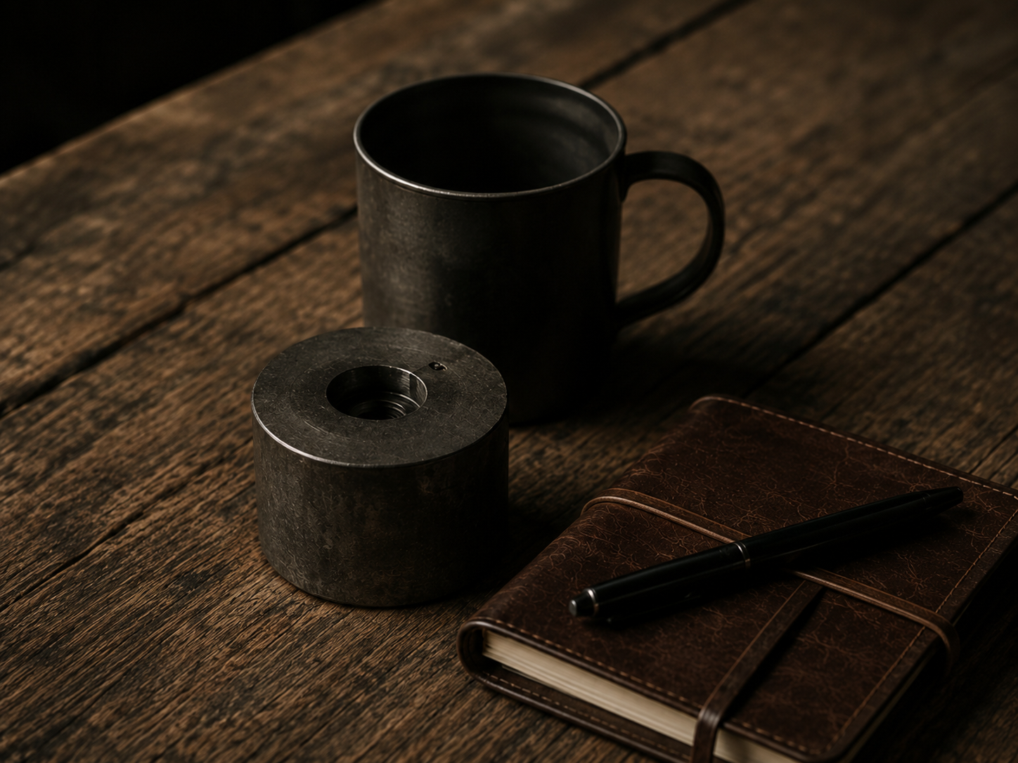 A dark ceramic mug, a black pen on a brown leather notebook, and a round metallic object on a wooden table.