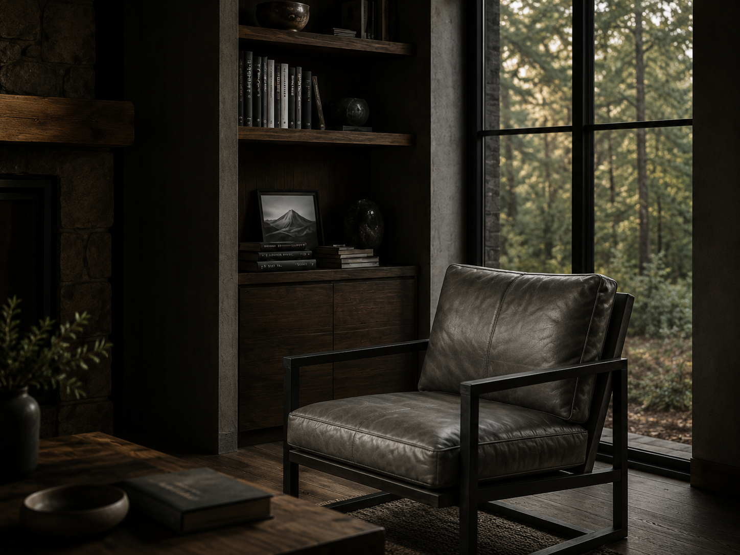 A cozy reading corner with a leather armchair near a large window overlooking a forest, a wooden bookshelf with black and white books, and a wooden table with a plant and books.