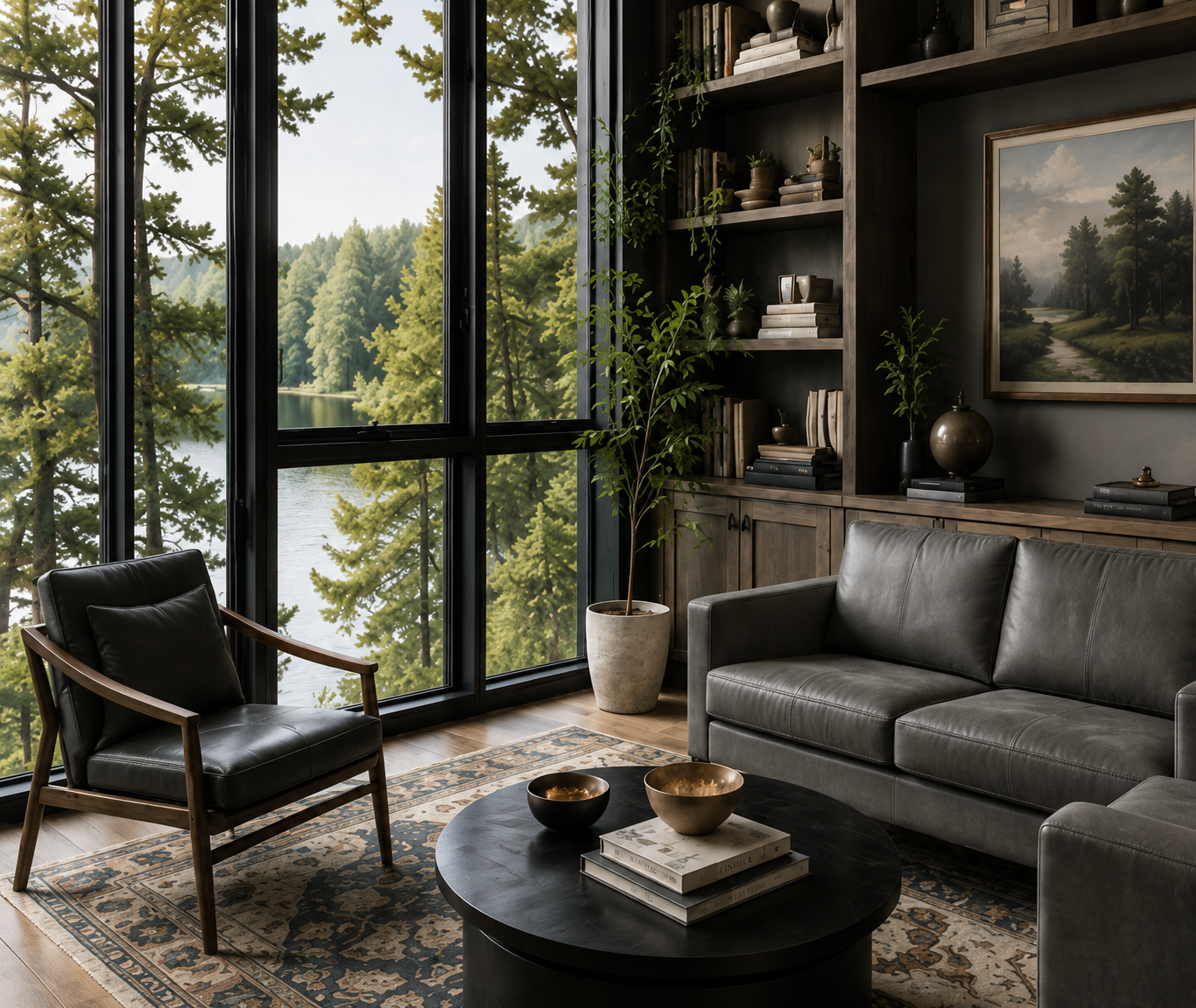 A modern living room with large floor-to-ceiling windows overlooking a green, wooded landscape and a lake. The room features a black leather armchair, a dark gray sofa, a round black coffee table with books and decorative bowls, a patterned rug, a potted plant, and a wooden bookshelf with books and decorative objects. A framed landscape painting hangs on the wall.