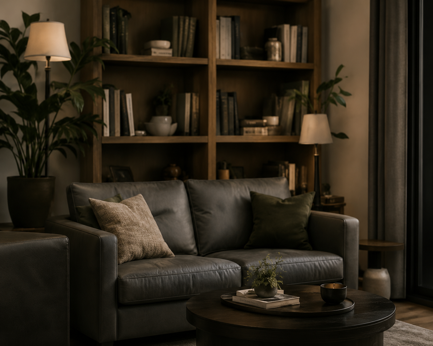 Living room with a dark leather sofa, beige and green pillows, a wooden coffee table with a small plant, books, and a black bowl, wooden bookshelf filled with books and decorative items, large potted plant, framed artwork on the wall, and lamps providing warm lighting.