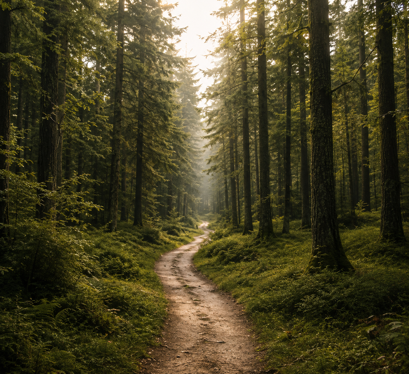 A forest trail winding through tall trees with sunlight filtering through the branches.