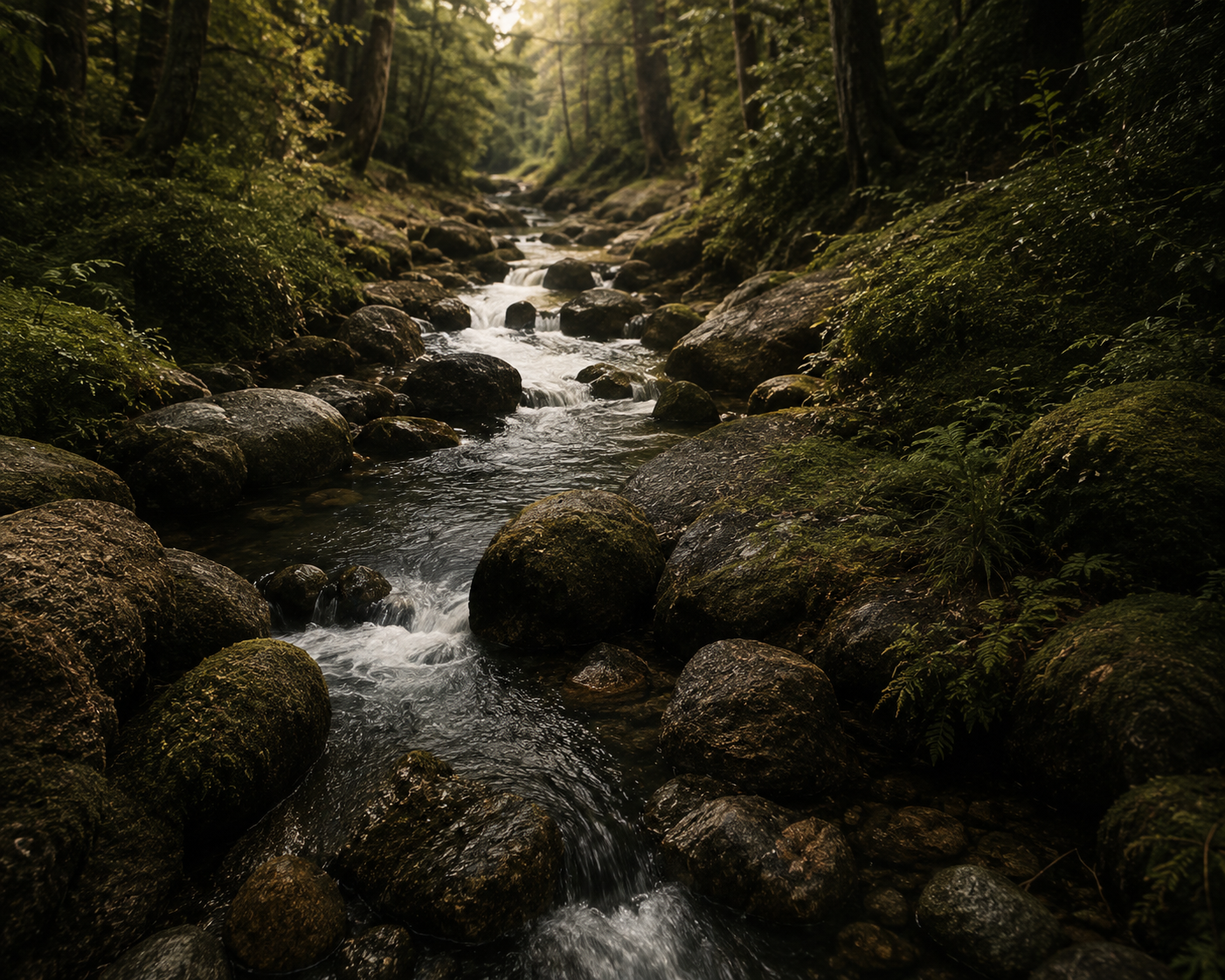 A small mountain stream flowing through a lush, green forest with moss-covered rocks and trees.