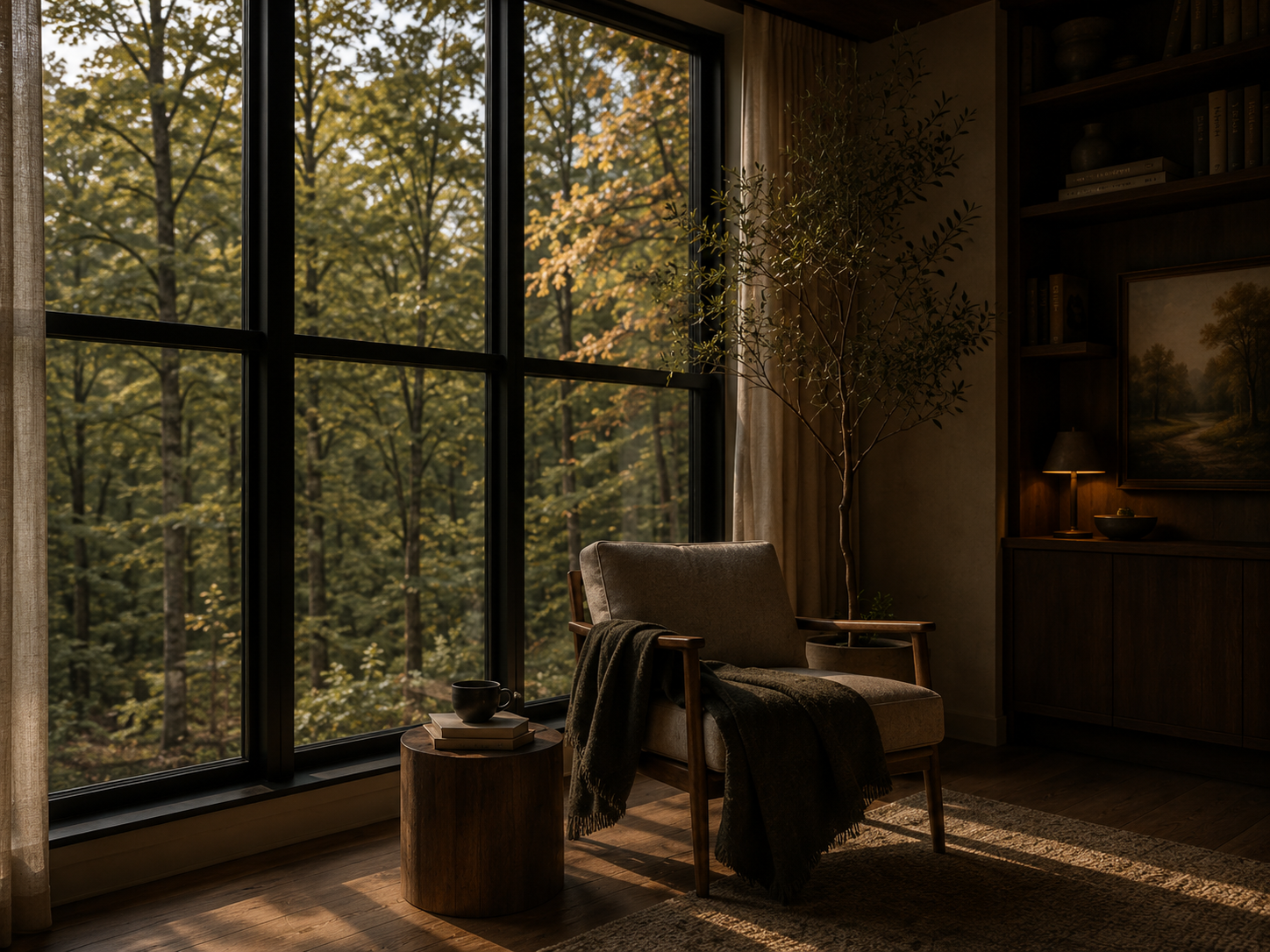 Cozy interior with a large window overlooking a forest outside. A beige armchair with a dark blanket draped over it, a small wooden side table with a cup and books, a tall potted plant, and a bookshelf with a lamp and framed painting inside.
