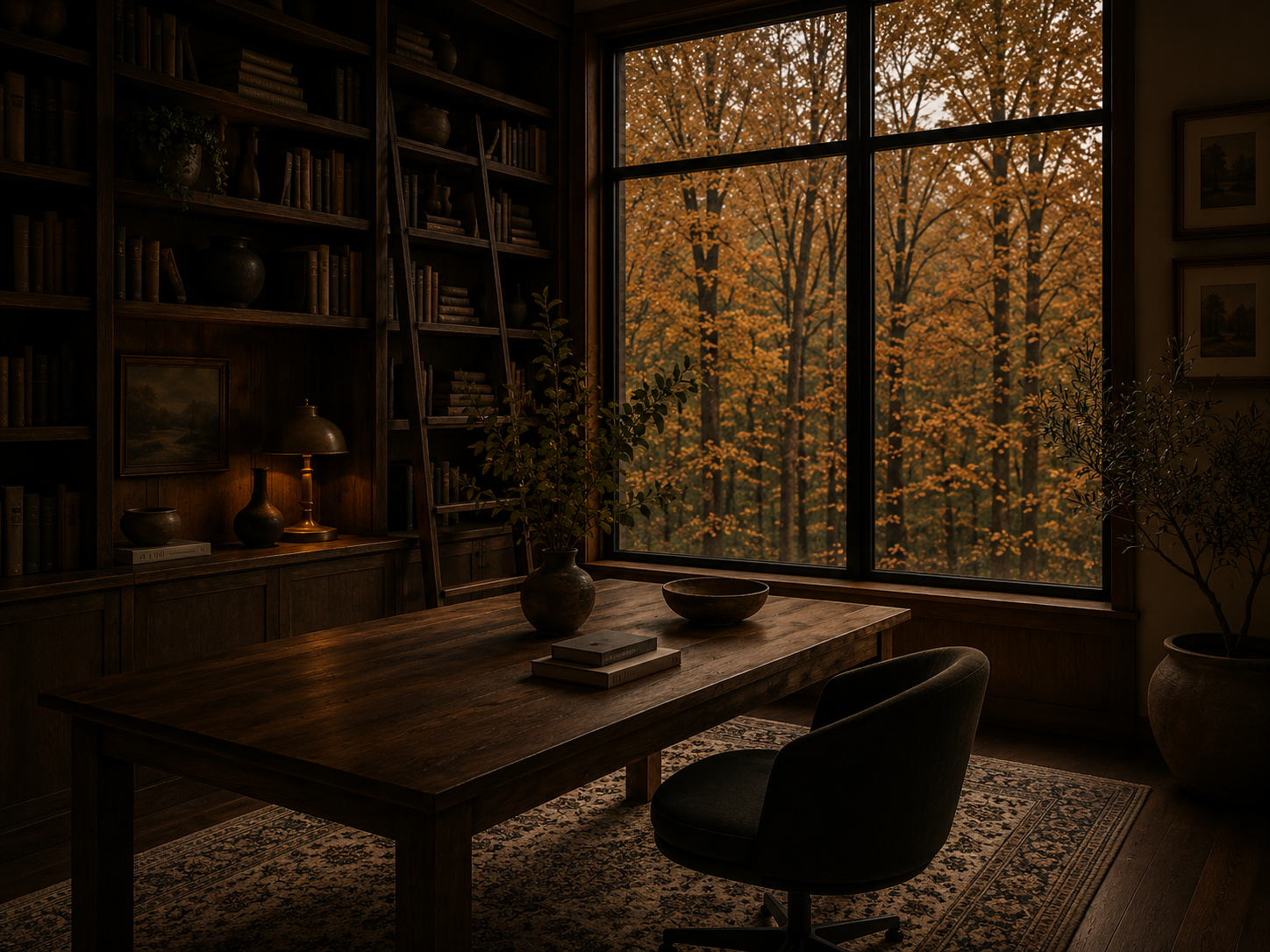 A cozy study room with a wooden desk, potted plants, and a large window showing a view of trees with fall foliage. The room has dark wood bookshelves, a ladder, framed artwork, and a carpeted floor.