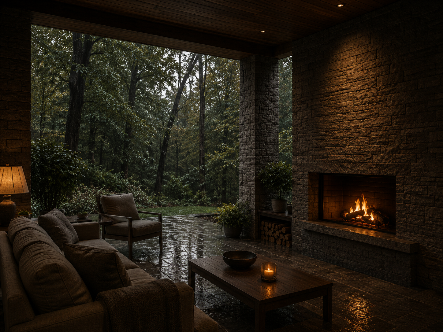 Cozy living room with a roaring fireplace, large window showing a wooded outdoor scene, sofa and armchair with cushions, a wooden coffee table with a lit candle, and potted plants, illuminated by warm lighting.