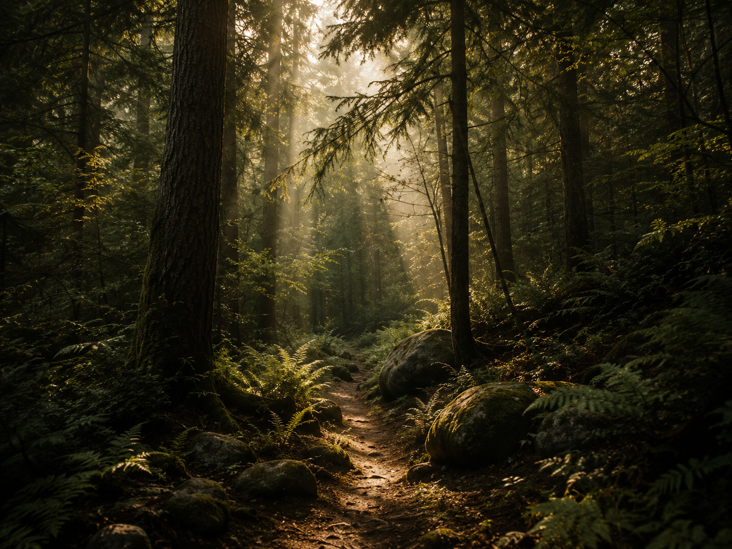 Sunlight rays streaming through tall trees in a lush green forest with a narrow dirt path and rocks along the trail.