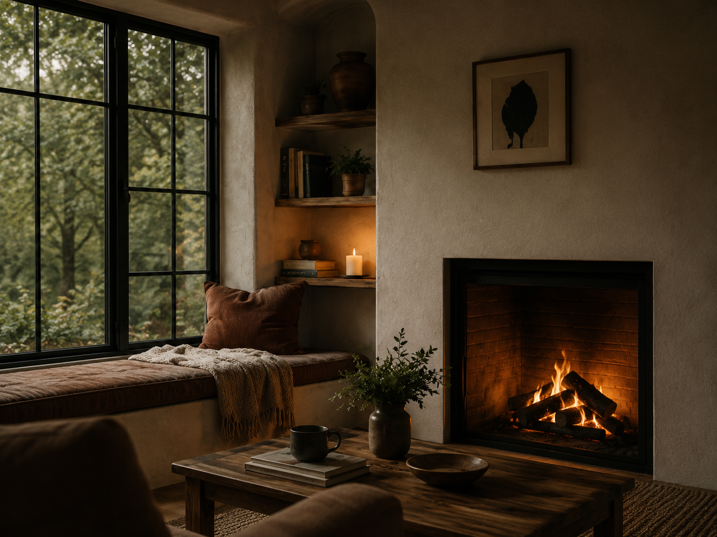 Cozy living room with a lit fireplace, a large window showing green trees outside, a built-in window seat with pillows, a candle, books, a small potted plant on a shelf, and a coffee table with a black mug, a bowl, and a potted plant. There is framed artwork on the wall.