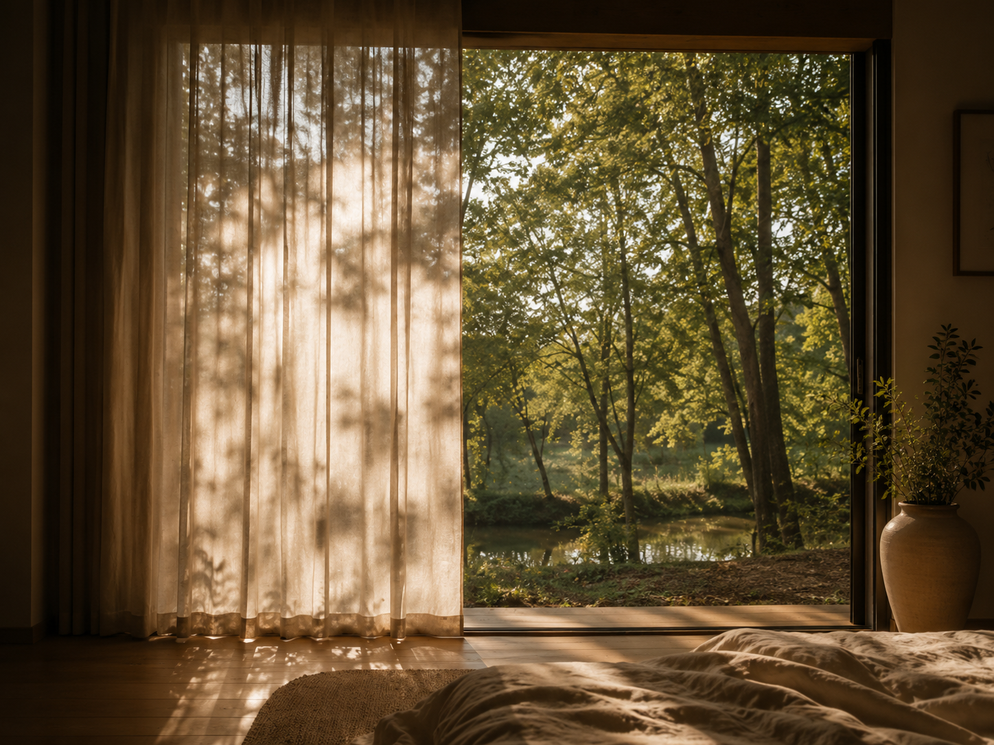 Sunlight filters through sheer curtains onto the floor of a bedroom, overlooking a lush green outdoor scene with tall trees and a pond.
