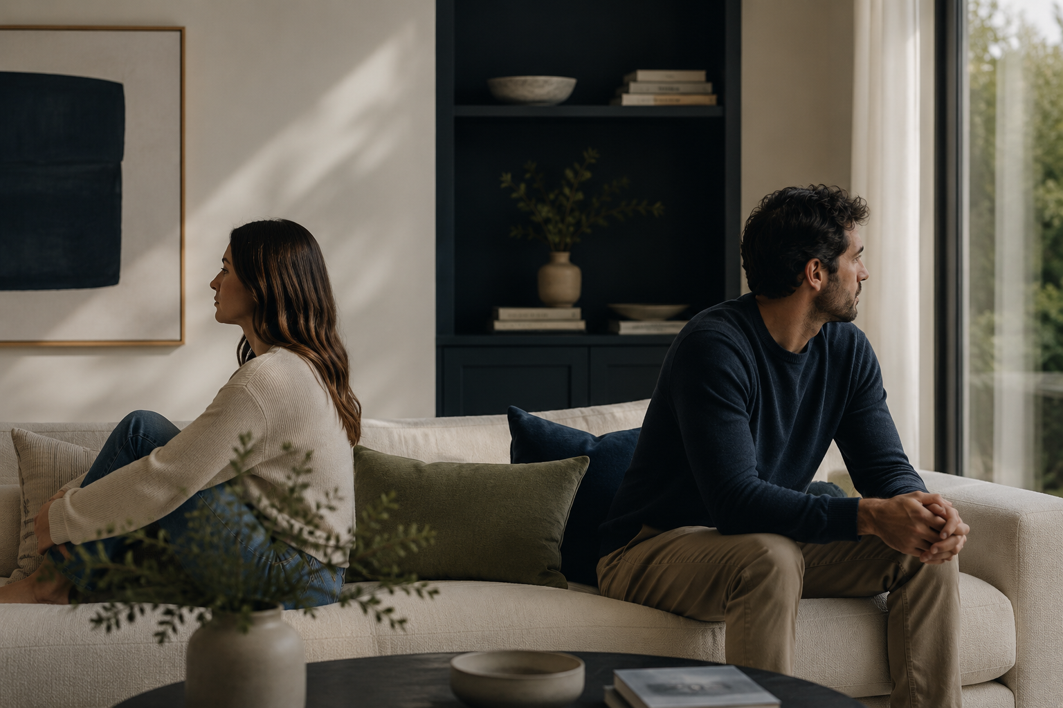 A woman and a man sit on a cream sofa, sitting back to back, looking in opposite directions in a living room with large window and framed art on the wall.
