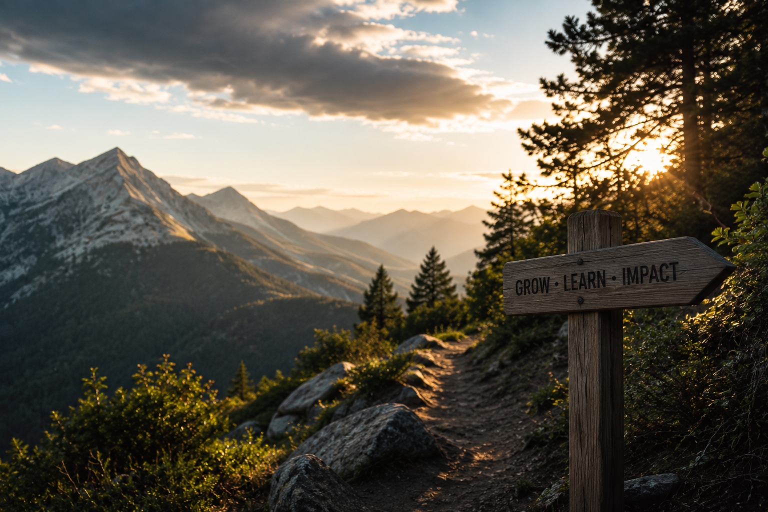 A mountain trail at sunset with a wooden sign reading 'Grow, Learn, Impact' in the foreground, trees on the right, and snow-capped mountains in the distance under a partly cloudy sky.