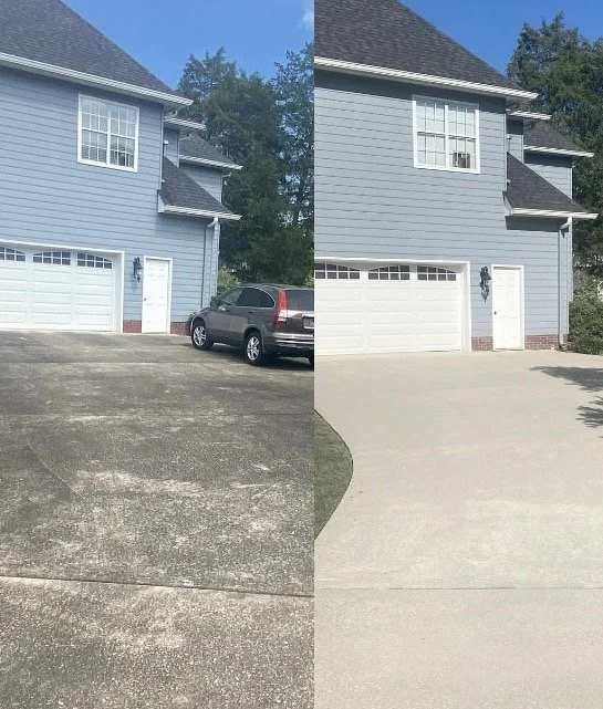 Comparison of a house's driveway before and after cleaning, showing a dirty, weathered concrete surface on the left and a clean, light-colored driveway on the right.