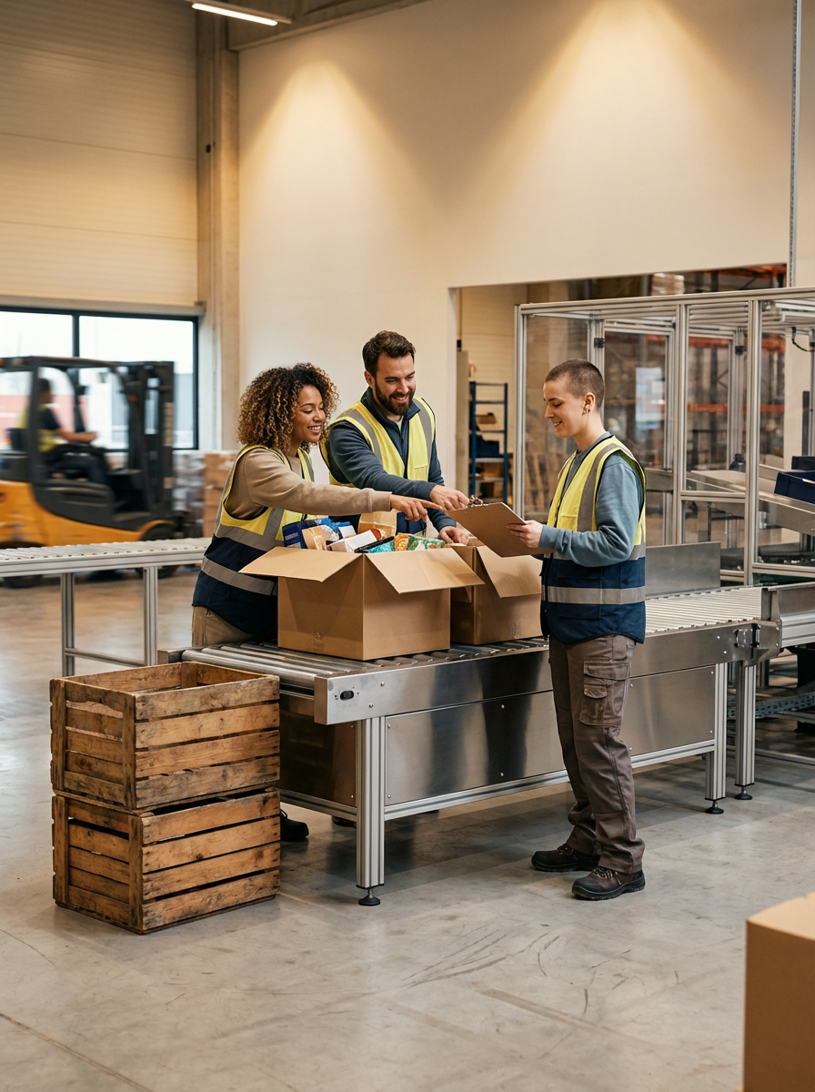 Three workers in safety vests sorting and packing food items in a warehouse.