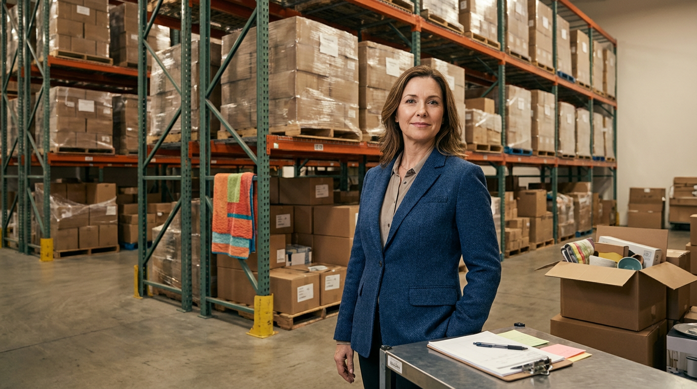 A professional woman standing in a warehouse next to shelves filled with boxes, with an open box on a table containing various office supplies.