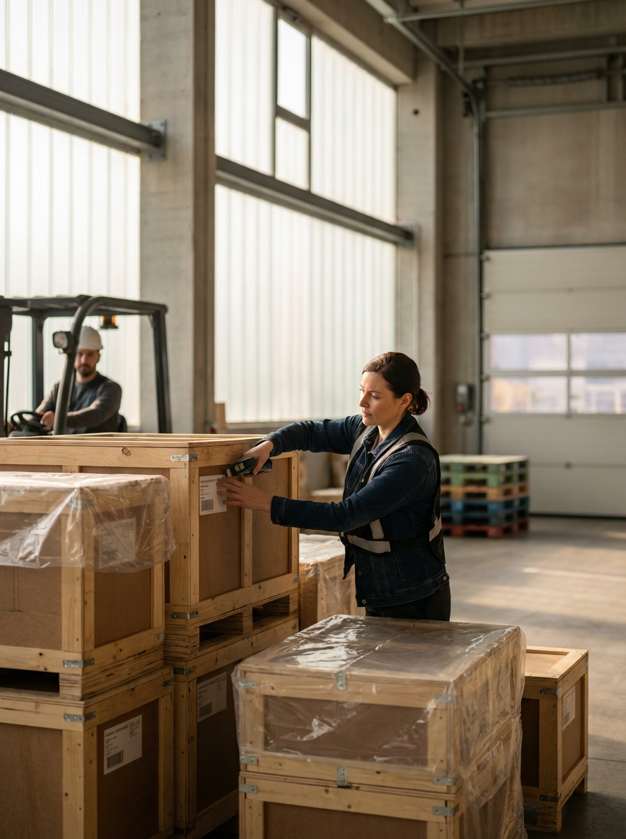 A woman working inside a warehouse with wooden crates, with a man operating a forklift in the background.
