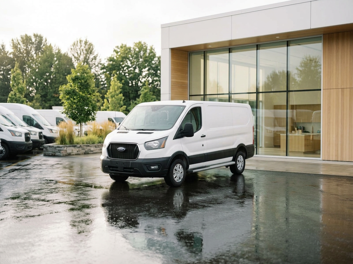 Front view of a white cargo van parked in front of a modern building with large glass windows and a wooden exterior, on a wet pavement after rain, with a row of similar vans and greenery in the background.