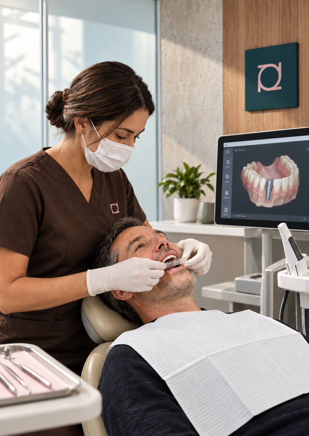 Dentiste préparant un patient pour un traitement dentaire avec une maquette numérique d'implant dentaire affichée à l'écran.