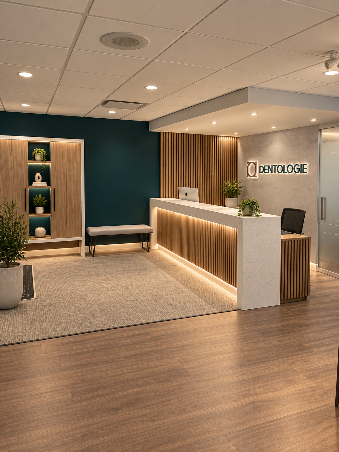 Accueil d'une clinique dentaire au design moderne, avec un comptoir en marbre blanc, des plantes vertes, un fauteuil noir, une armoire en bois et une signalétique "DENTLOGIE" sur le mur.