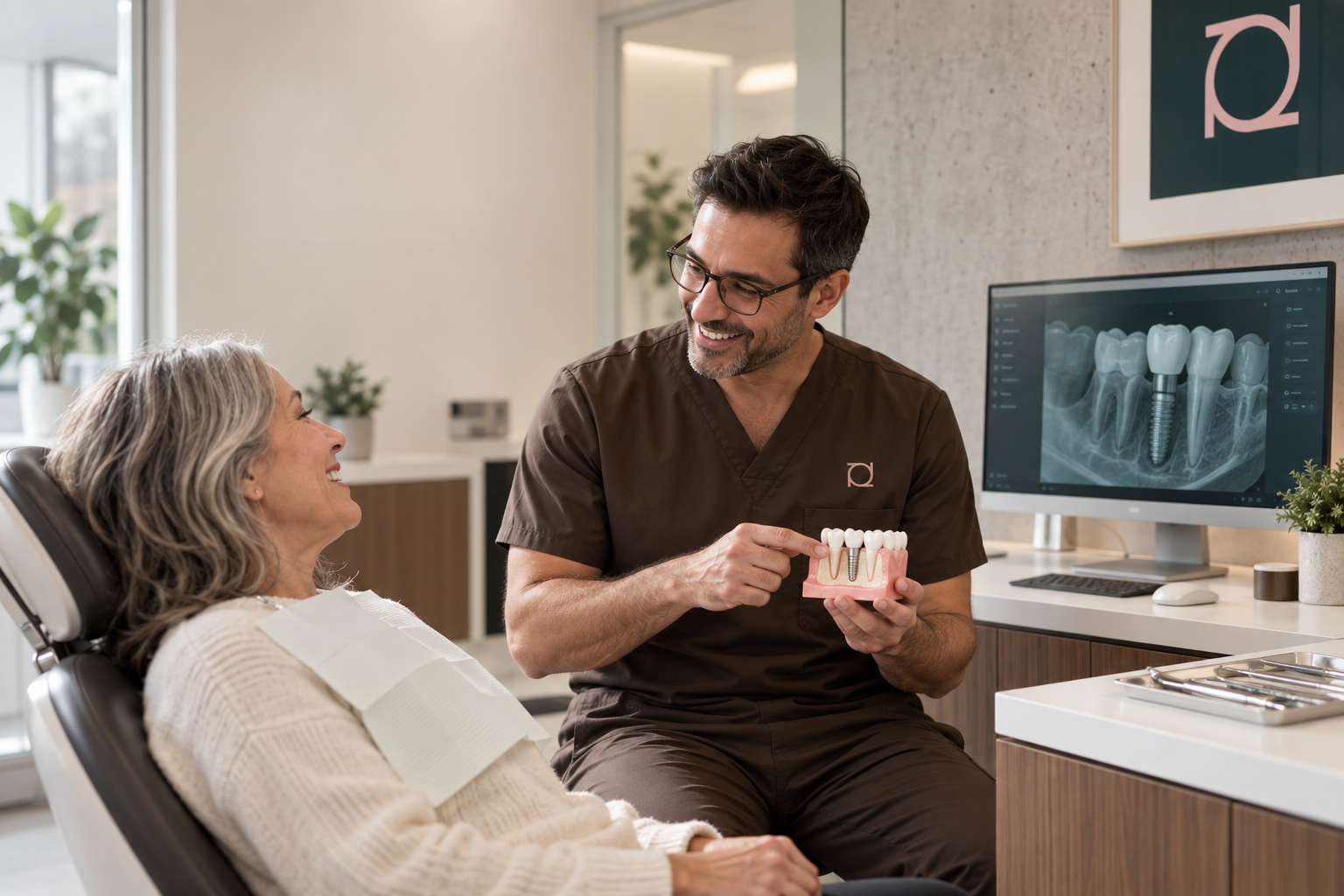 Un dentiste montre un modèle de dents avec implants à une patiente souriante dans un cabinet dentaire moderne.