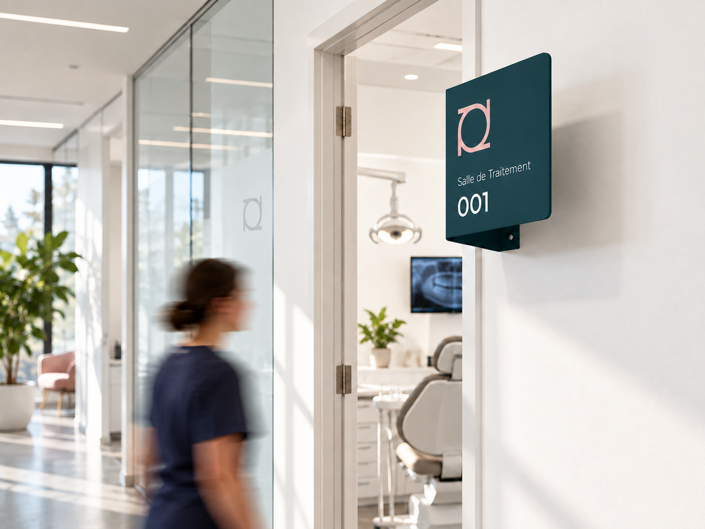 Salle de traitement numéro 001 dans un centre médical, vue partielle de l'intérieur avec une plante et un fauteuil médical.