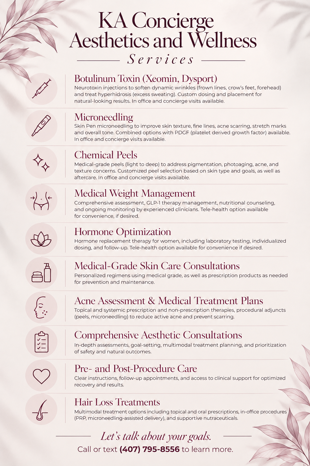 Poster for KA Concierge Aesthetics and Wellness Services listing treatments such as Botox, microneedling, chemical peels, weight management, hormone optimization, skin care consultations, acne treatment, comprehensive aesthetic consultations, pre- and post-procedure care, and hair loss treatments, including contact information.