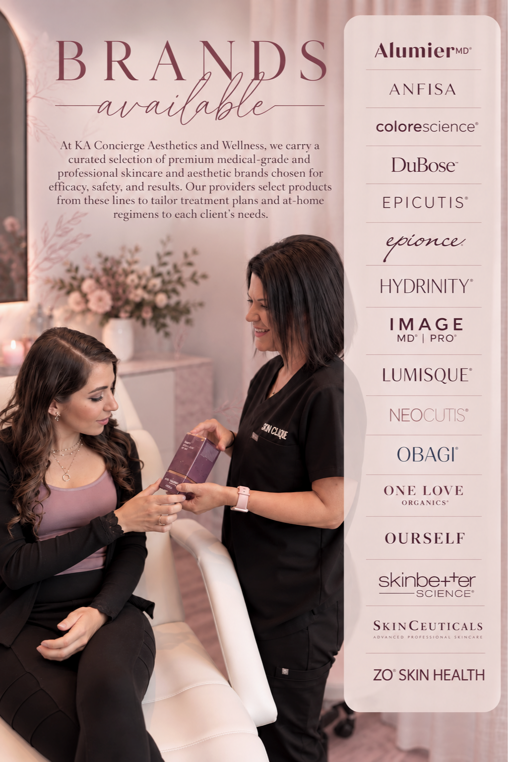 A woman receiving skincare consultation from a professional in a spa or clinic setting, with a poster listing skincare brands in the background.