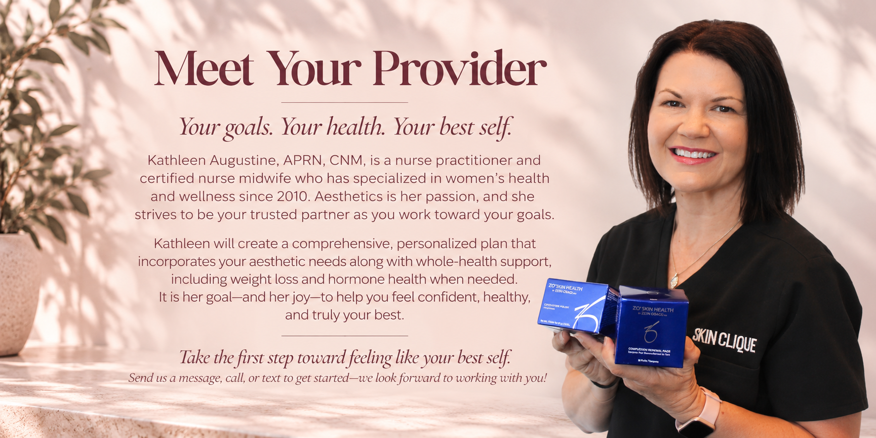 A woman with dark brown hair smiling and holding a box of ZO Skin Health products in front of a pink background with text about meeting a healthcare provider and personalized health plans. She wears a black top with a logo that says 'Skin Clique'.